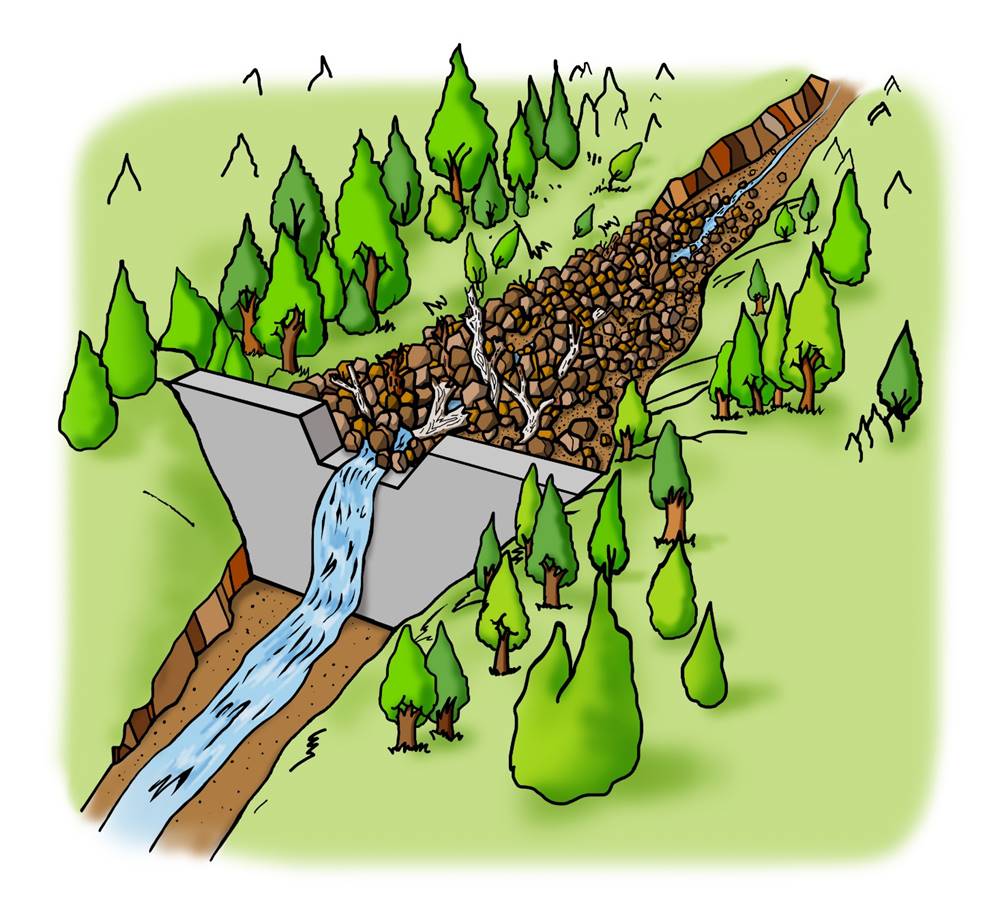 <b>Ｂ．不透過型砂防堰堤が土石流をとらえる働き</b><br>③大雨が降り土石流が発生したとき、堰堤は大きな岩や、流木などを含む土砂をため、下流への被害を防ぎます。